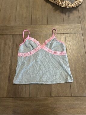 PINK Victoria's Secret Gray Tank Top with Pink Lace Trim